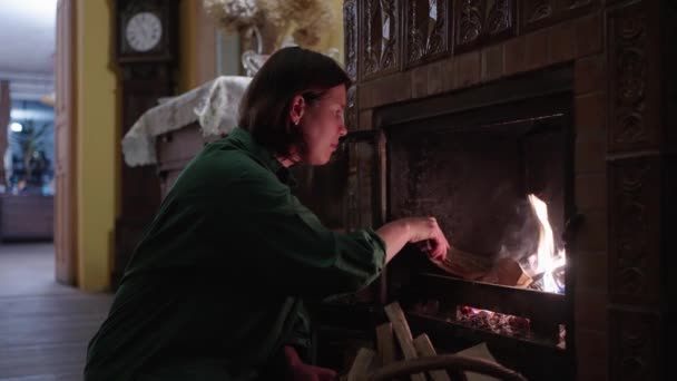 Kobieta Wkładająca Drewno Kominka Domu Podtrzymuje Ogień — Wideo stockowe