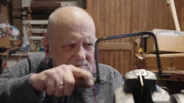 Senior Elderly Master Jeweler Wheelchair Works Workshop Vice — Vídeo de stock