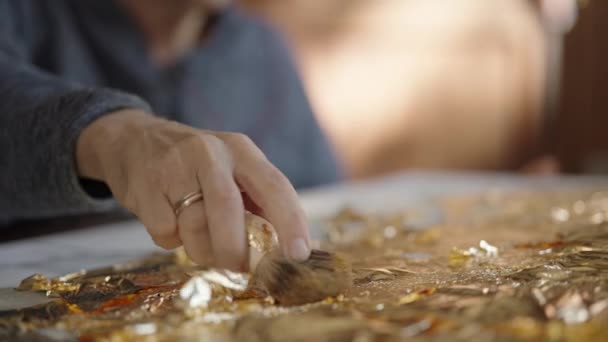 Senior Artist Wheelchair Applies Gold Oil Painting Canvas — Stock Video