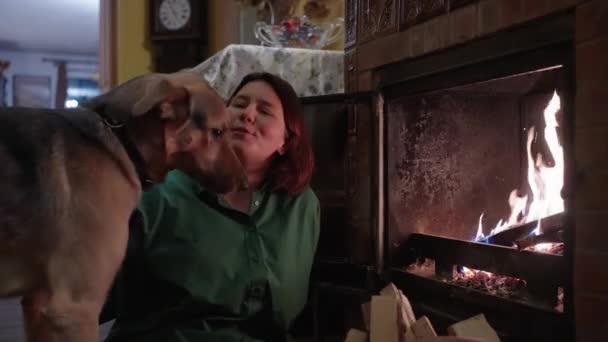 Uma Mulher Abraçando Cachorro Junto Lareira Casa — Vídeo de Stock