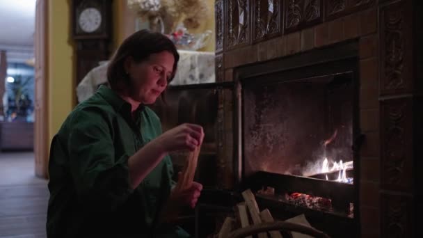 Μια Γυναίκα Που Βάζει Καυσόξυλα Ένα Τζάκι Στο Σπίτι Κρατάει — Αρχείο Βίντεο