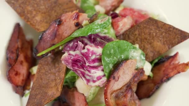 Salad Hangat Dengan Bacon Goreng Dan Keripik Pada Presentasi Piring — Stok Video