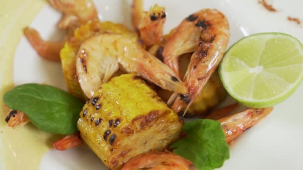 Grilled Prawns Corn Served Plate — Stock Video