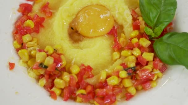 配上蔬菜沙司和蛋黄的小米粥放在盘子里 — 图库视频影像