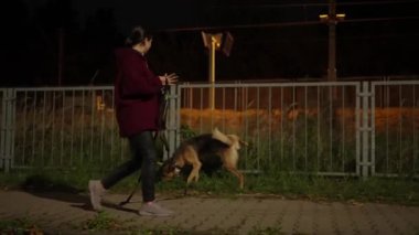 Genç bir kadın köpeğini şehirde bir gece sokakta gezdiriyor.