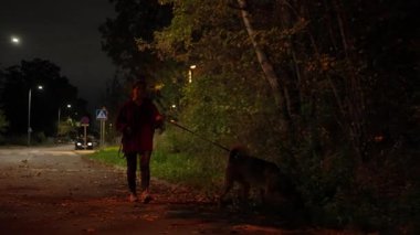 Genç bir kadın köpeğini şehirde bir gece sokakta gezdiriyor.