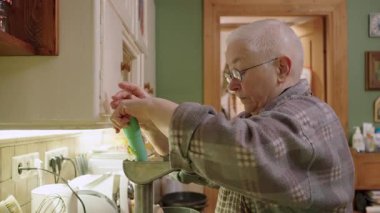 Ev hanımı mutfakta elektrikli et öğütücüsüyle patates için kıyma yapıyor.