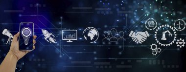 Engineer hand using smartphone and checking automatic machine robot icon