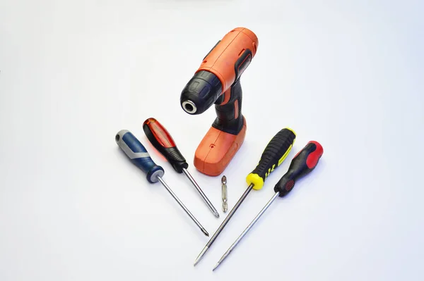 Electric Screwdriver Hand Screwdriver Set White Background — Stock Photo, Image