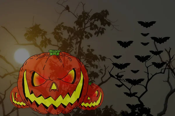 Hátborzongató Erdei Naplemente Gonosz Ragyogó Szemét Jack Lanterns Ijesztő Halloween — Stock Fotó