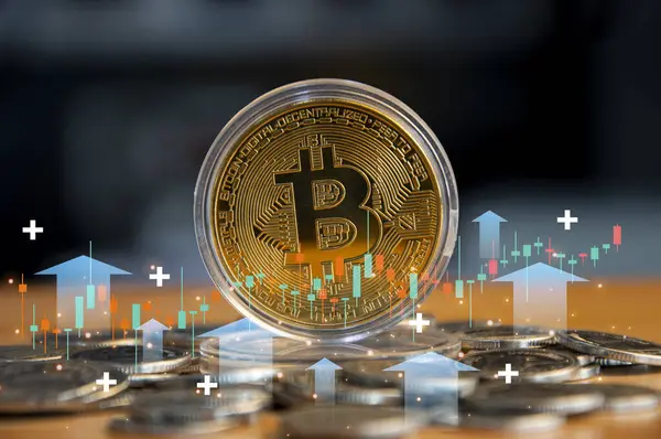 Bitcoin altın sikkeler ve çizelgeler. Sanal kripto para birimi kavramı.