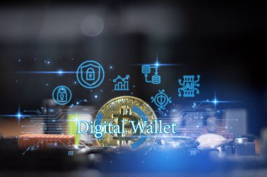 Nakitsiz teknoloji konsepti dijital cüzdan uygulamalar şeklinde online ödeme araçları. Mobil bankacılık, çevrimiçi finans, e-ticaret afişleri. Web ve mobil aygıtlar için dijital ekonomi etkinleştirildi