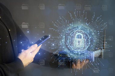 siber güvenlik konsepti, kullanıcı gizliliği güvenliği ve şifreleme, güvenli internet erişimi Gelecek teknolojisi ve sibernetik, ekran asma kilit.