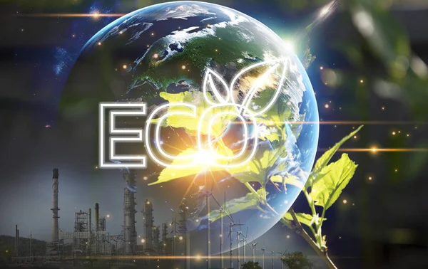 Karbondioksit salınımını azaltma, yeşil dünya ve yeşil sanayi için temiz enerjiye dönüşme fikirleri. Karbon Ayak izi, ECO, ESG