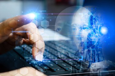 Ai Tech, iş adamı Sanal Küresel İnternet bağlantısı göster Chatbot Sohbeti Yapay Zeka, Yapay Zeka. komut komutu kullanarak bir şey üretebilirsiniz, gelecekteki teknoloji dönüşümü.