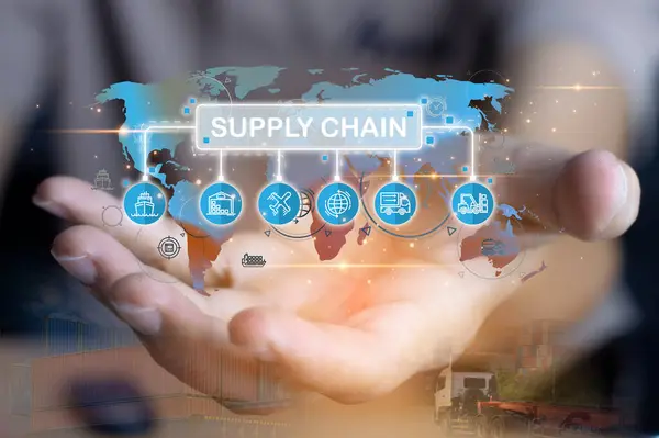 Tedarik zinciri yönetim konsepti taşımacılığı ve lojistik tedarikçiler, ithalat ihracat ve ulaşım endüstrisi. ağ dağılımı artışı. konteyner kargo gemisi ve endüstriyel kargo kamyonu