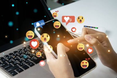 Use of social media and digital smartphones Holiday lifestyle and social media concept online marketing Connecting technology networks in global business.	