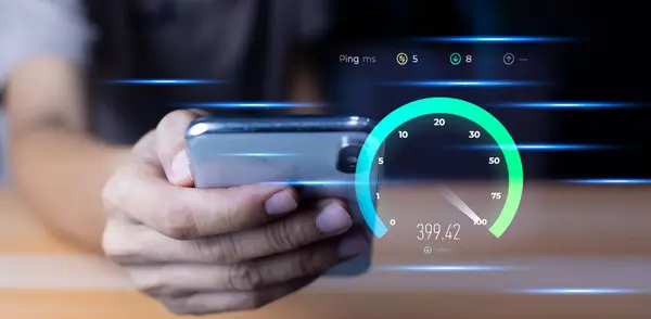 fast internet connection speedtest network bandwidth technology Man using high speed internet with smartphone and laptop computer. 5G quality, speed optimization.	