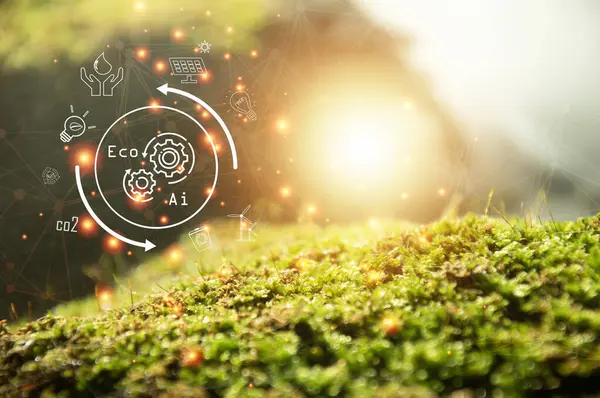 Yeşil ekosistem ile birlikte yapay zeka gelişimi kavramı karbondioksit emisyonunu ve karbon ayak izlerini azaltır.