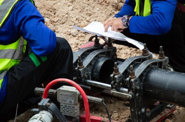 Mühendisler planlara bakıyor ve boruları bağlamak için araçlar kullanıyorlar.