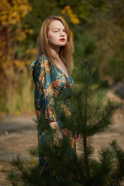 Hermosa Joven Con Vestido Azul Posando Parque — Foto de Stock