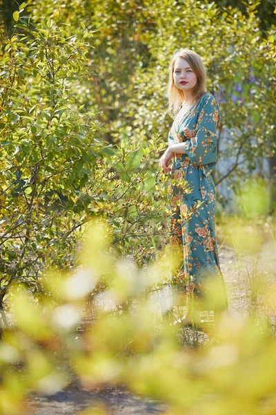 Frumoasă Femeie Tânără Într Rochie Albastră Pozând Parc — Fotografie, imagine de stoc