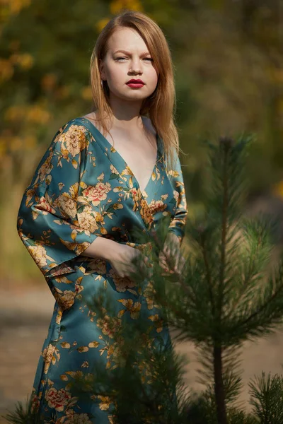 Frumoasă Femeie Tânără Într Rochie Albastră Pozând Parc Fotografie de stoc