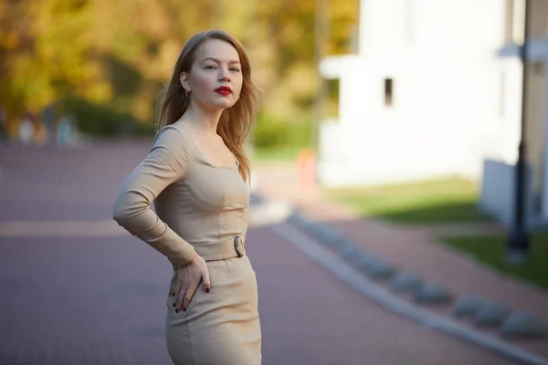 Mode Kvinna Klänning Med Röda Läppar Poserar Gatan — Stockfoto