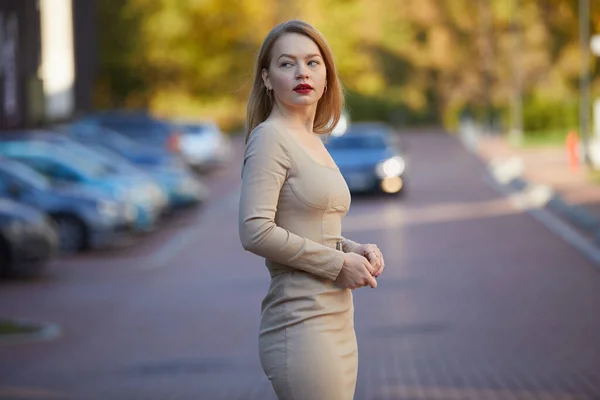 Femeie Moda Rochie Buze Rosii Pozand Strada Imagine de stoc