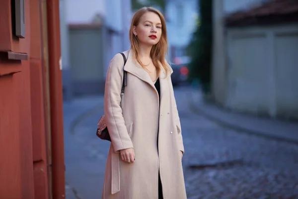 Femme Mode Manteau Avec Des Lèvres Rouges Posant Dans Rue Images De Stock Libres De Droits