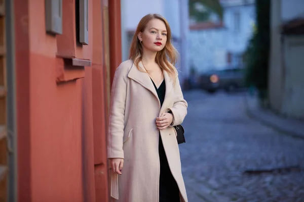 Femme Mode Manteau Avec Des Lèvres Rouges Posant Dans Rue Photo De Stock