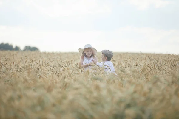 Porträt Von Glücklichen Jungen Und Mädchen Mit Hüten Die Weizenfeld — Stockfoto