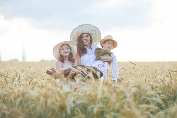 Мать Детьми Позирует Пшеничном Поле — стоковое фото