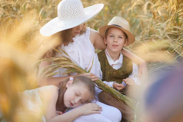 Matka Dětmi Pózujícími Pšeničném Poli — Stock fotografie