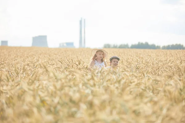 Портрет Счастливого Мальчика Девочки Шляпах Стоящих Пшеничном Поле Стоковое Фото