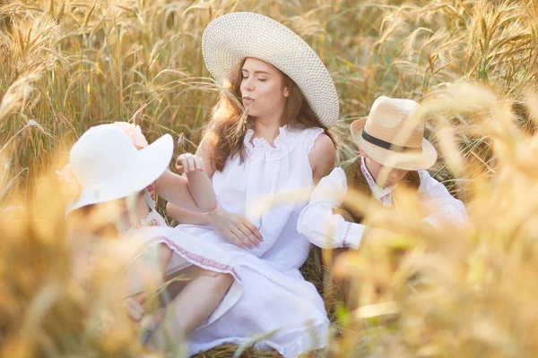 Мать Детьми Позирует Пшеничном Поле Стоковая Картинка