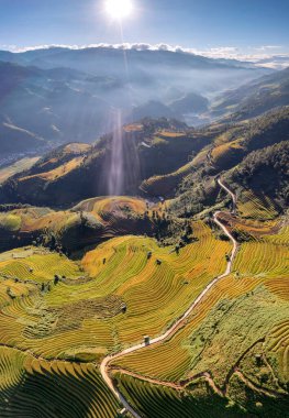 Pirinç tarlaları üzerinde Mu Cang Chai, Yenbai, Vietnam Teras. Kuzey Vietnam, hasat pirinç tarlaları hazırlamak.