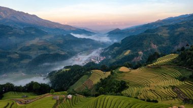 Pirinç tarlaları üzerinde Mu Cang Chai, Yenbai, Vietnam Teras. Kuzey Vietnam, hasat pirinç tarlaları hazırlamak.