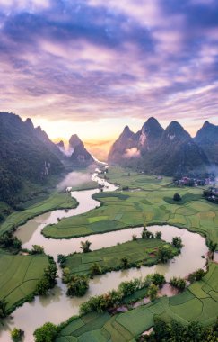 Trung Khanh, Cao Bang, Vietnam 'daki Phong Nam köyünde pirinç ve pirinç tarlası..