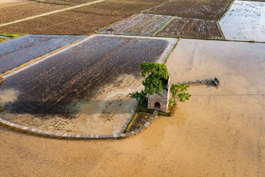 Geleneksel pirinç tarlasının sabah ışığında sürüldüğü hava manzarası, Hoi An, Vietnam 'daki eşsiz Brick Kiln Kafe' yi çevreleyen.