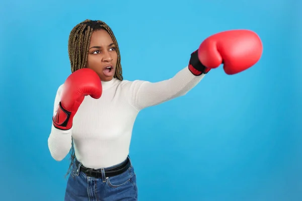 Studio portrait with blue background of a african woman with aggressive expression wearing boxing gloves throwing a punch