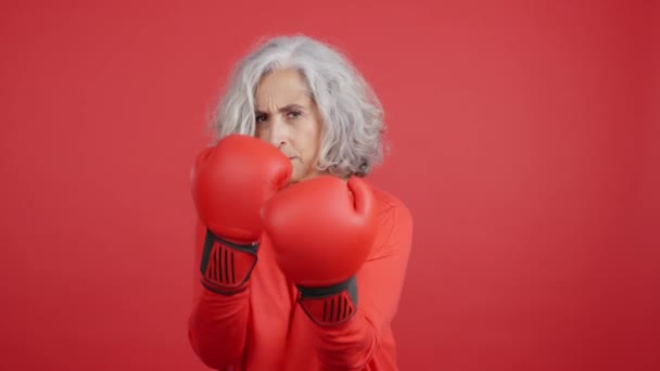 Studio Video Red Background Mature Woman Fighting Pose Wearing Boxing — Αρχείο Βίντεο
