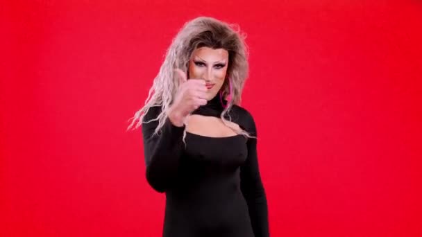 Transgender Person Make Gesturing Approval Raising Thumb Studio Red Background — Stockvideo