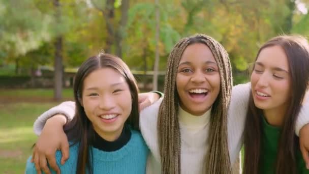 Çok Kültürlü Arkadaşın Parkta Kameraya Gülümserkenki Yavaş Çekim Videosunu Kapat — Stok video