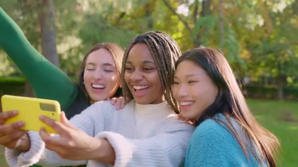 Parkta Cep Telefonuyla Selfie Çekerken Gülümseyen Etnik Arkadaşın Yavaş Çekim — Stok video