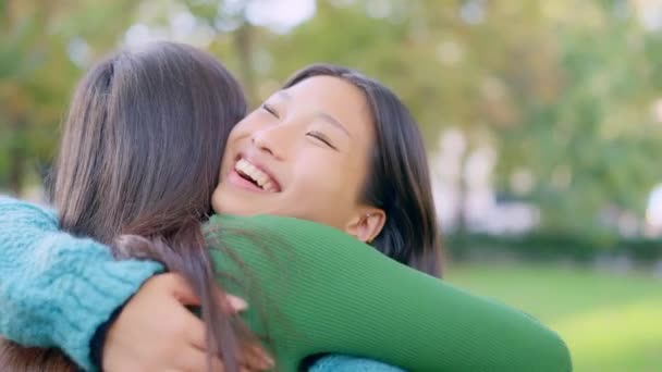 Slow Motion Video Two Happy Two Friends Embracing Meeting Park — Wideo stockowe