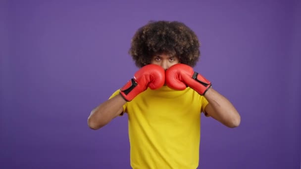 Afrikaner Mit Boxhandschuhen Kampfpose Blickt Studio Die Kamera — Stockvideo