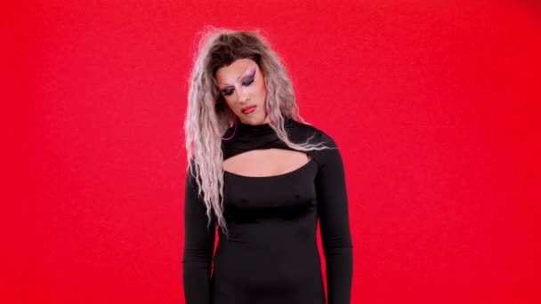 Drag Queen Man Gesturing Sadness Expression Studio Red Background — Stock Video