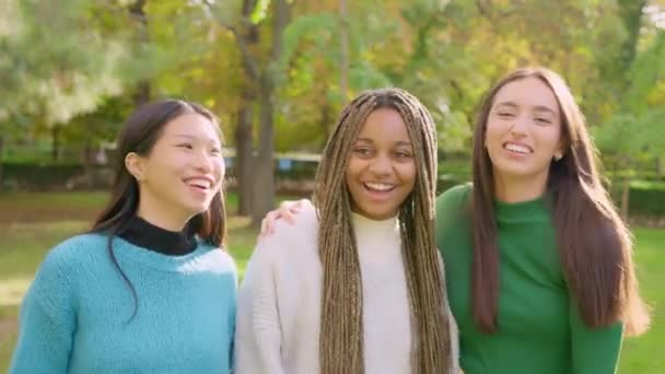三个多民族朋友在公园对着摄像机微笑的慢镜头 — 图库视频影像