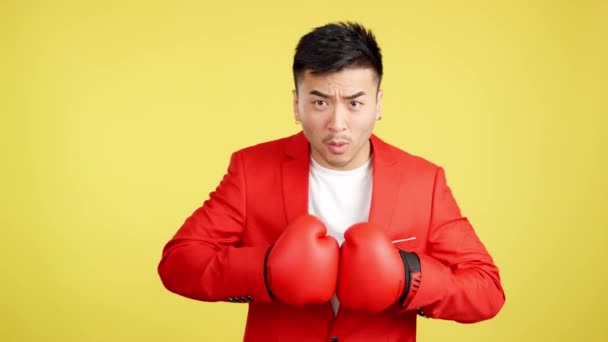 Θυμωμένος Κινέζος Γάντια Πυγμαχίας Και Ποζάρουν Στο Στούντιο Κίτρινο Φόντο — Αρχείο Βίντεο